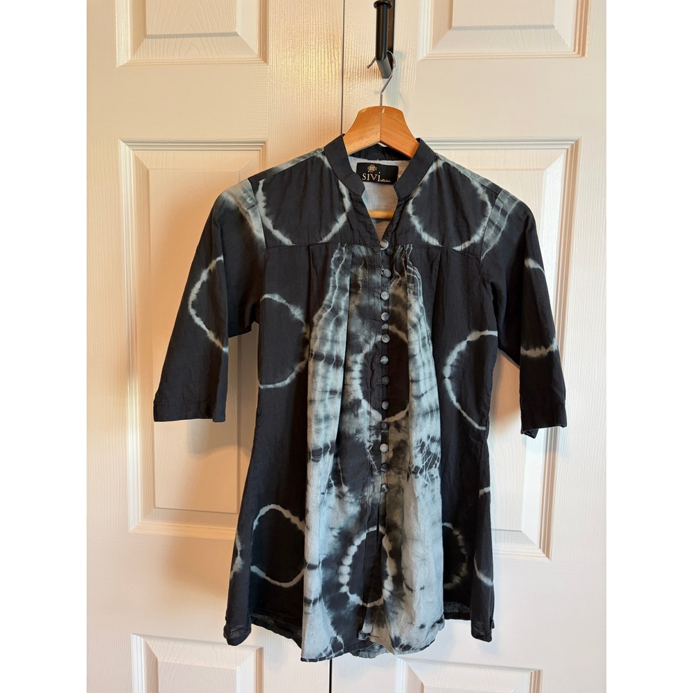 Sivi Collection Black Gray Tie Dye Tunic Top Button Front Mandarin Collar Small